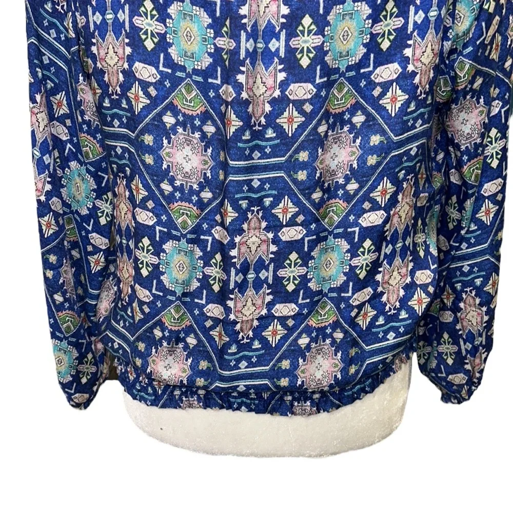Anthropologie Ecru Weaver Kilim Royal Cobalt Blue Silk Tie Neck Tassel Blouse M